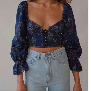 Urban outfitters denim bustier crop top with balloon sleeves